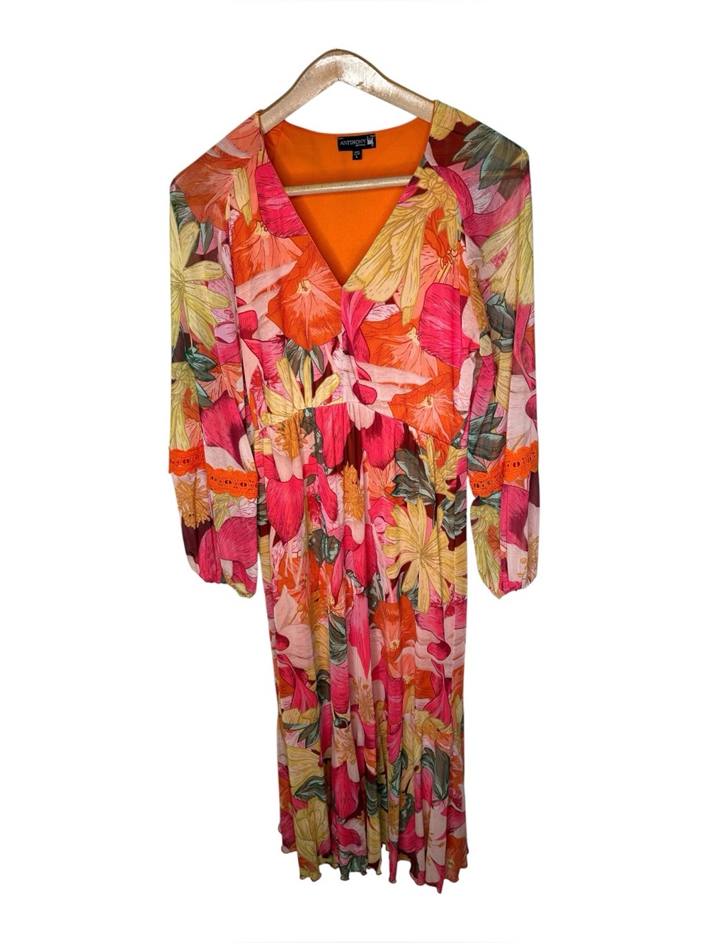 Antthony Original Floral Mesh Patio Dress Bishop Sleeve Size Large Tropical